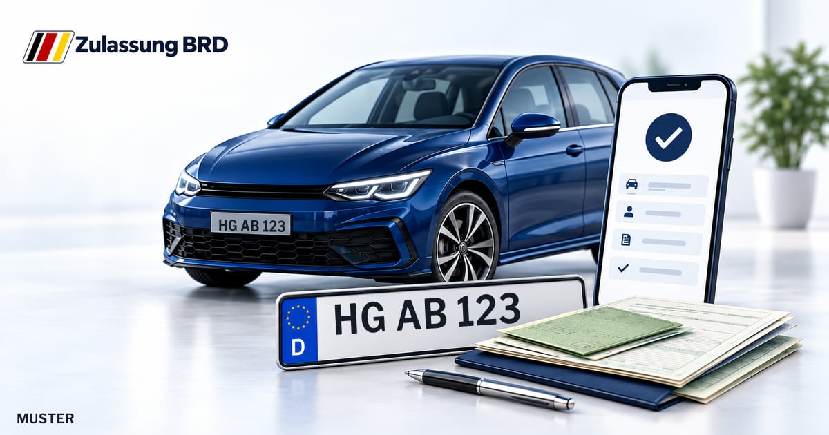 Online Fahrzeugzulassung in Bad Homburg v. d. Höhe: Musterkennzeichen HG AB 123, Auto und Fahrzeugpapiere und Smartphone. Illustration mit Logo von Zulassung BRD.